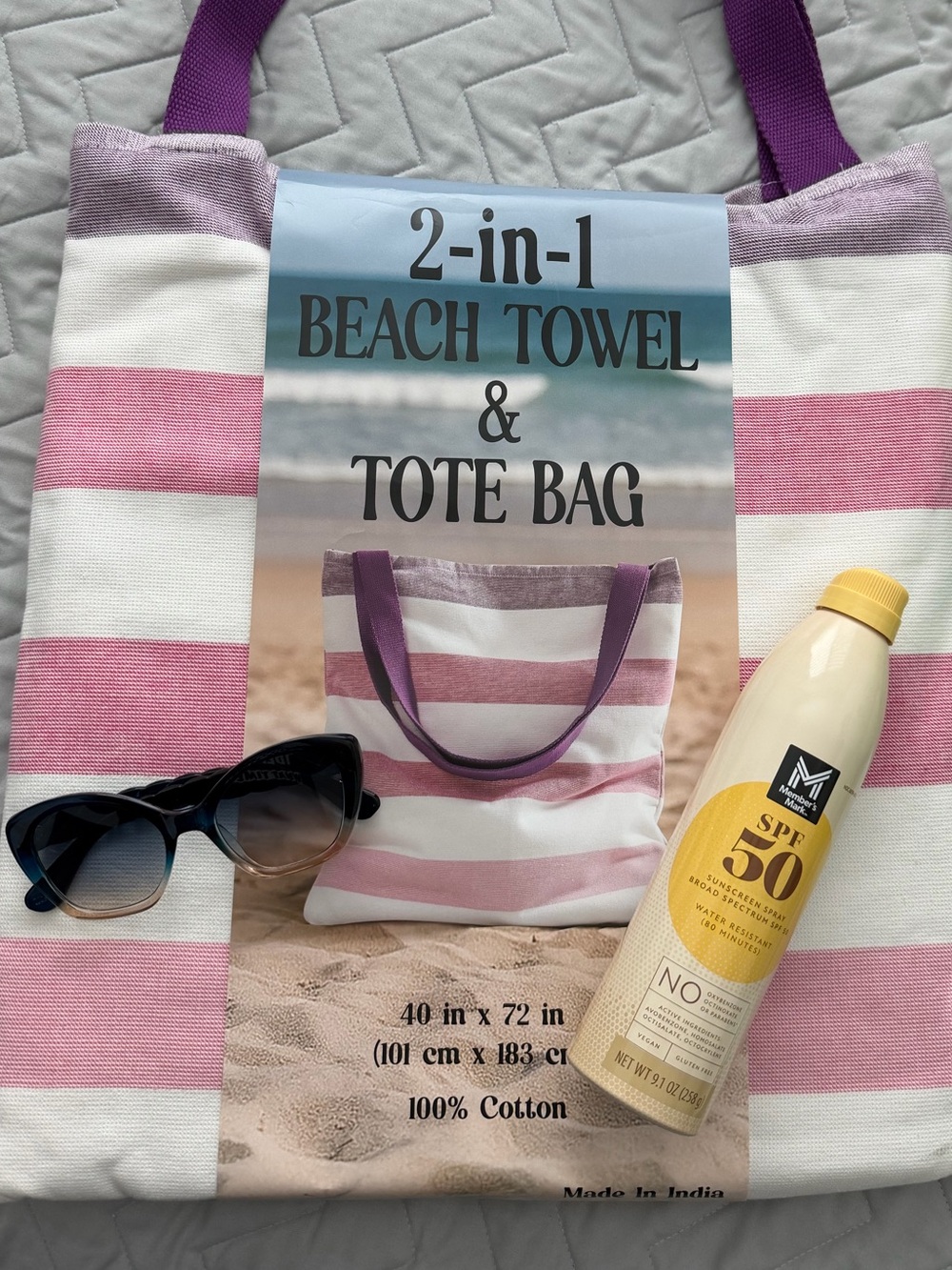 Beach bundle with 2-in-1 Beach Towel & Tote Bag, sunglasses and sunscreen